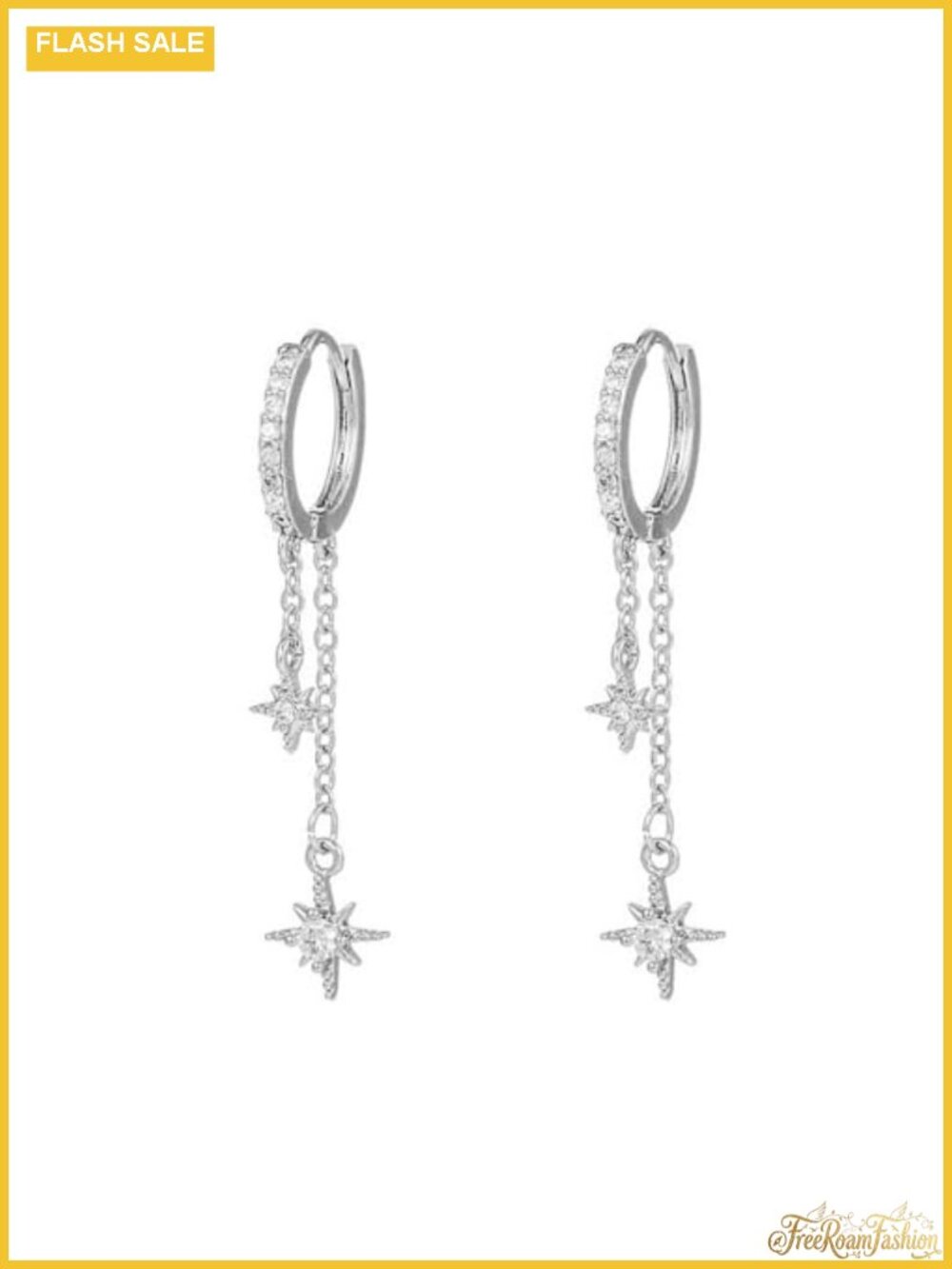 Silver Plated Double Star CZ Huggie Dangle Earrings Hypoallergenic